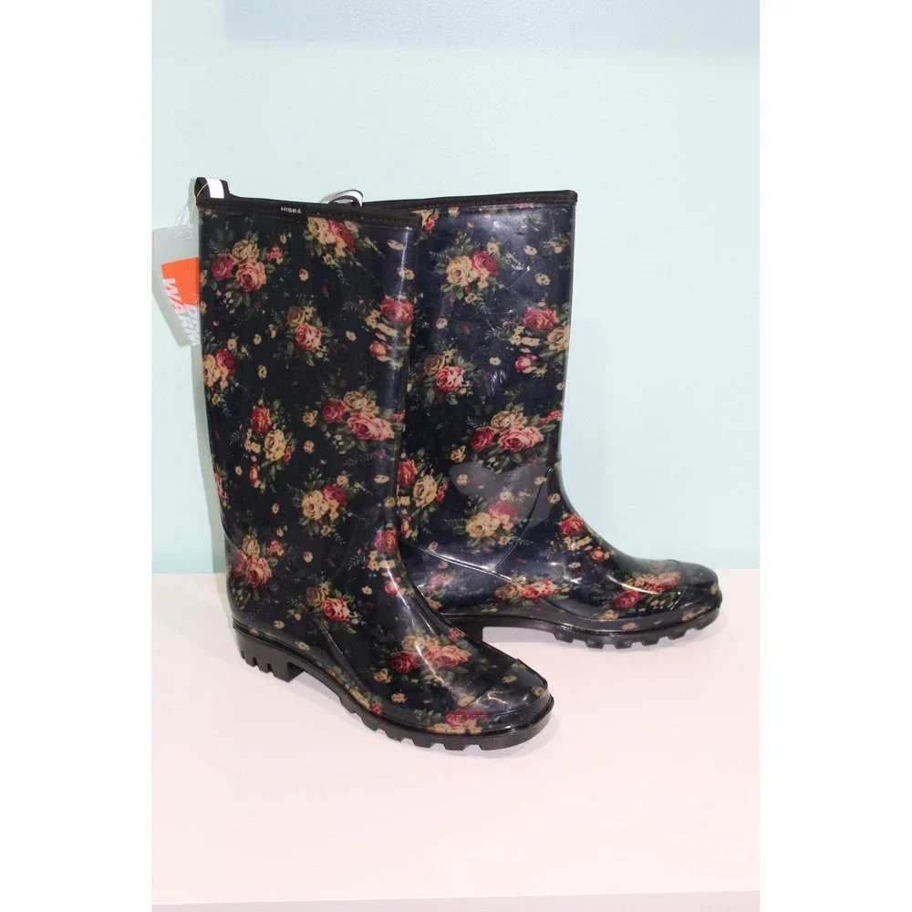 HISEA Womens Floral Print Waterproof Rubber Rain Boots Navy Blue Rose Size 9